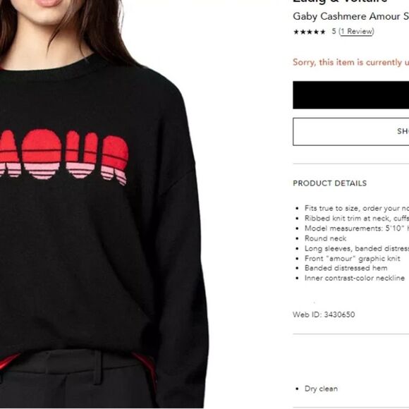 Zadig & Voltaire NWT Gaby Amour Fine-Wool-Cashmere Sweater in Black sz S $458 - Picture 5 of 5